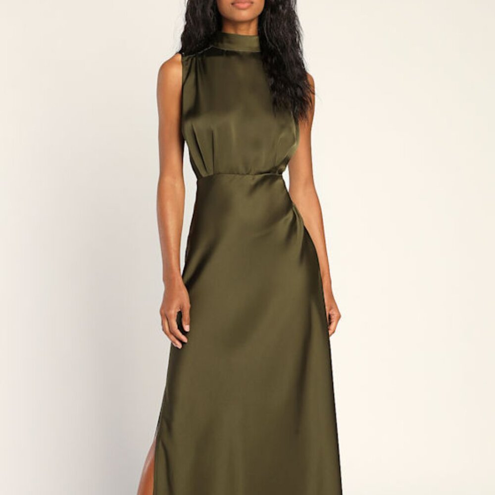 Lulus Classic Elegance Olive Satin Sleeveless Mock Neck Maxi Dress Green
